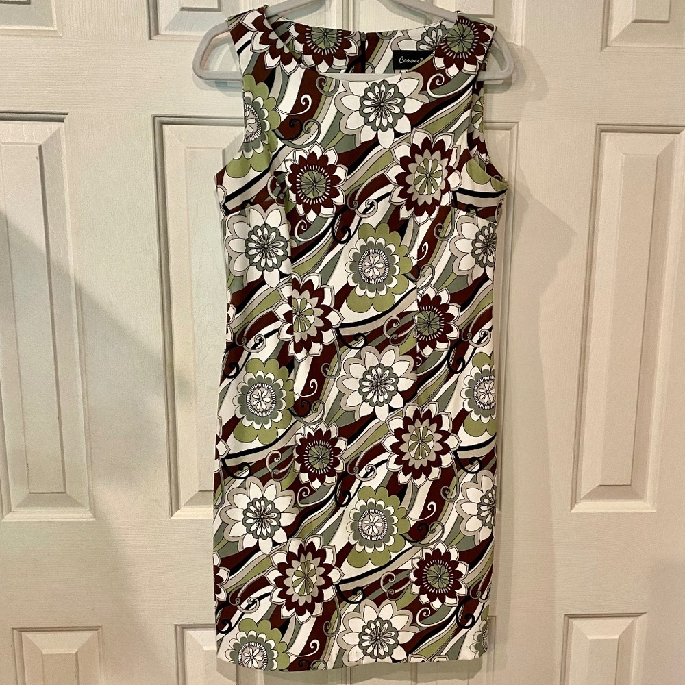 🦚 Connected Abstract Floral Sleeveless Sheath Size 10 Dress Diagonal Pattern